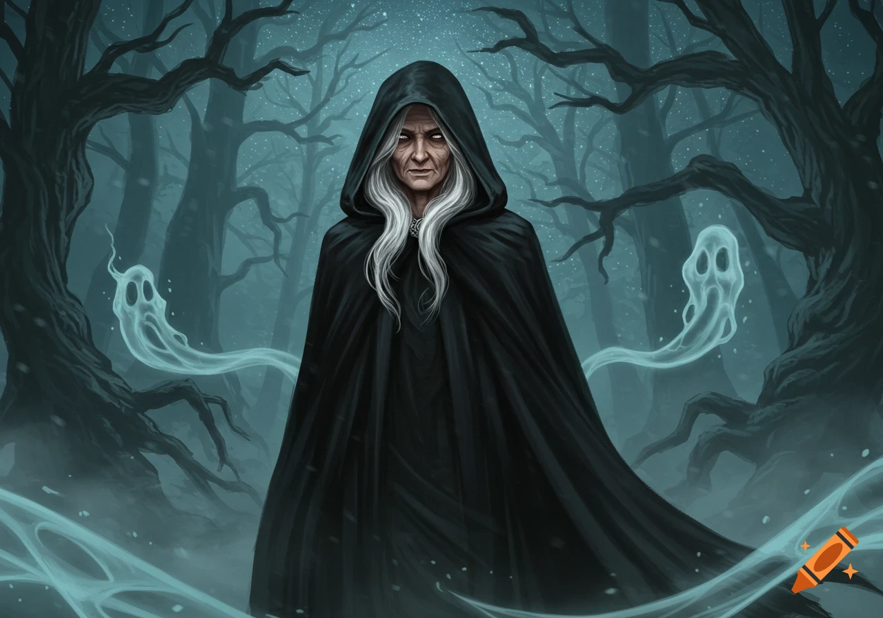 An old witch in a black hooded cloak with white hair and wrinkled face stands in a dark, misty forest with two ethereal ghosts.