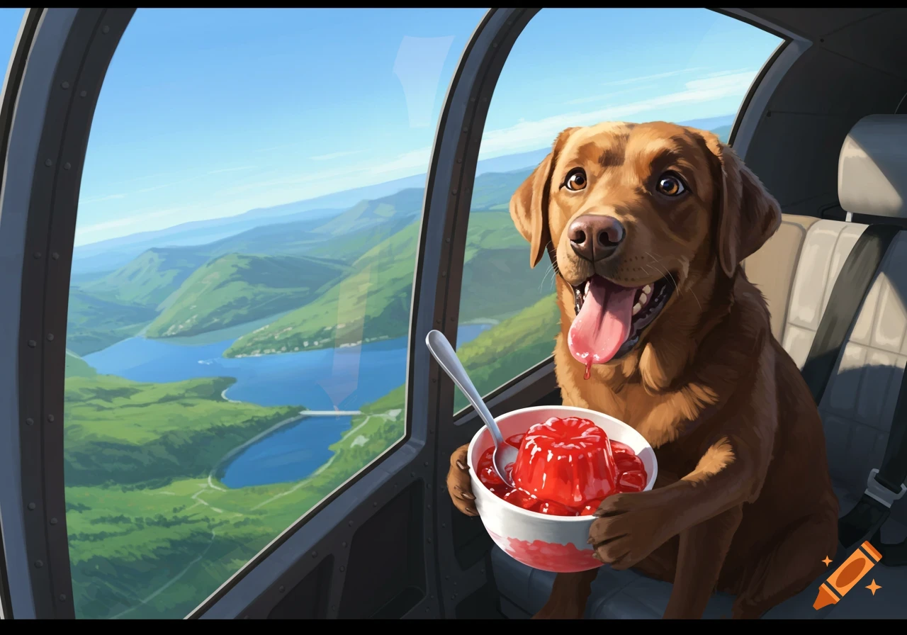 A happy brown labrador dog sits in a helicopter holding a bowl of red jelly with a spoon, looking out at a scenic view of mountains and a lake.