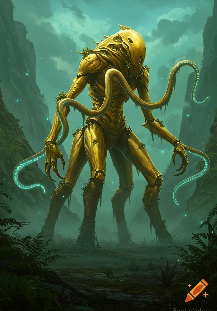 A large, golden, four-legged monster with two long glowing tentacles stands in a misty, lush jungle environment.