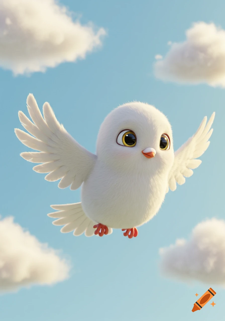 A fluffy white 3D cartoon dove with large eyes flies in a bright blue sky with white clouds.