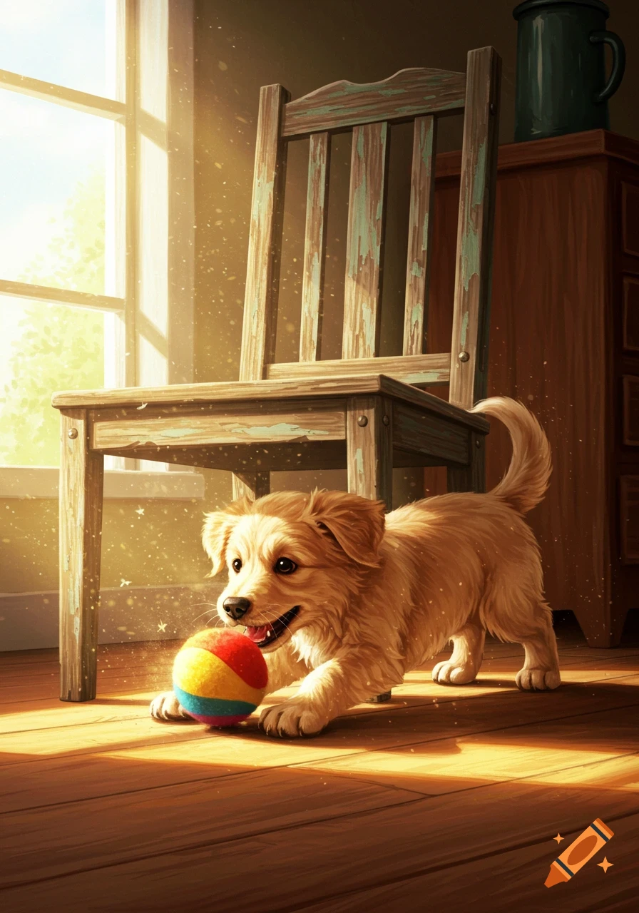 A happy golden-brown puppy plays with a colorful ball under a rustic wooden chair in a sunlit room.