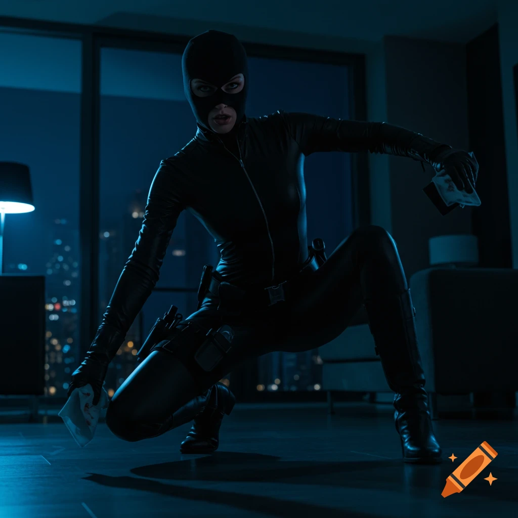 A female burglar in a tight black catsuit and balaclava crouches in a dark room overlooking a city at night, holding crumpled papers.