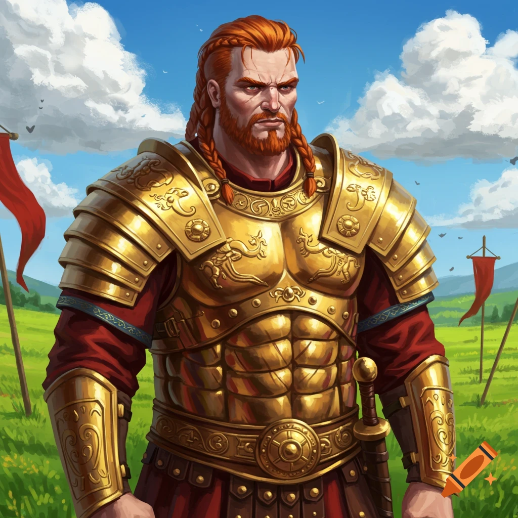 A stern, red-haired man with a braided beard wears ornate golden Roman-style armor in a green field under a blue sky.