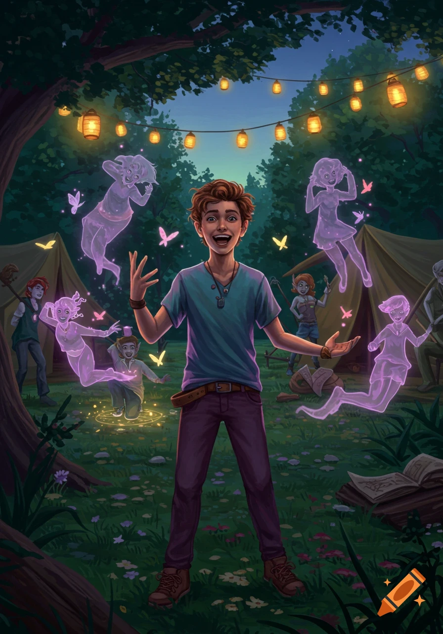 A teen illusionist creating glowing, ethereal copies of himself in a magical summer camp at dusk, surrounded by other supernatural teens and hanging lanterns. The image is a colorful, stylized illustration.
