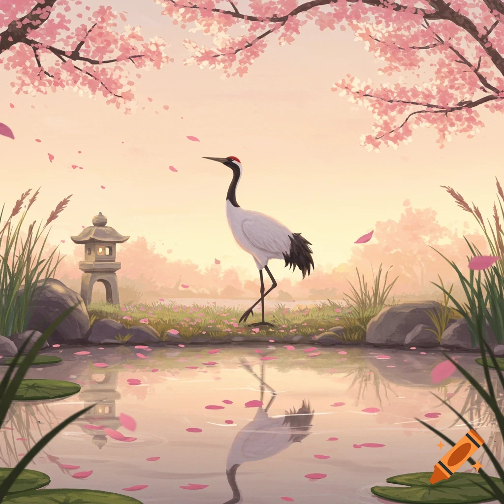 A red-crowned crane stands beside a tranquil pond reflecting cherry blossom trees and falling petals in a Japanese garden.