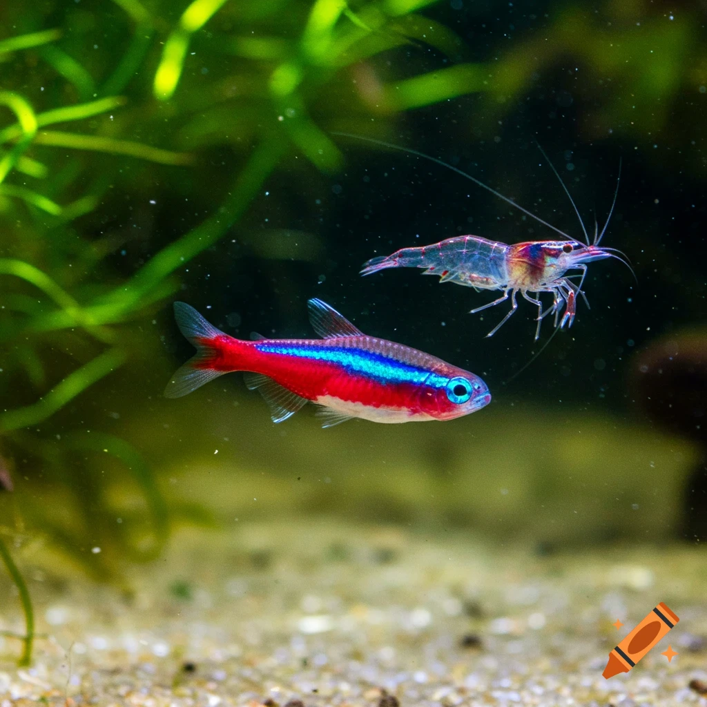 A vibrant neon tetra with a red and blue stripe swims near a translucent ghost shrimp in a clear aquarium with green plants.