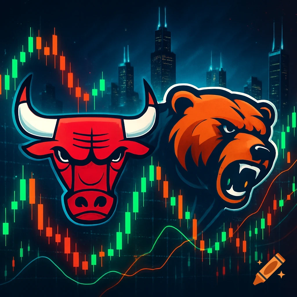 Stylized bull and bear logos over a stock market chart with city skyscrapers in the background, representing trading.