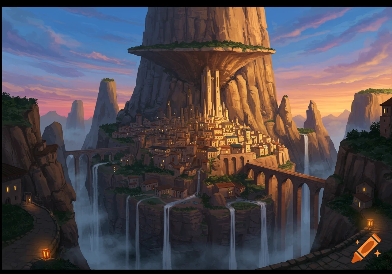A vibrant fantasy city built into a mesa mountain crag, surrounded by other peaks, with waterfalls and arched bridges at sunset, digital painting.