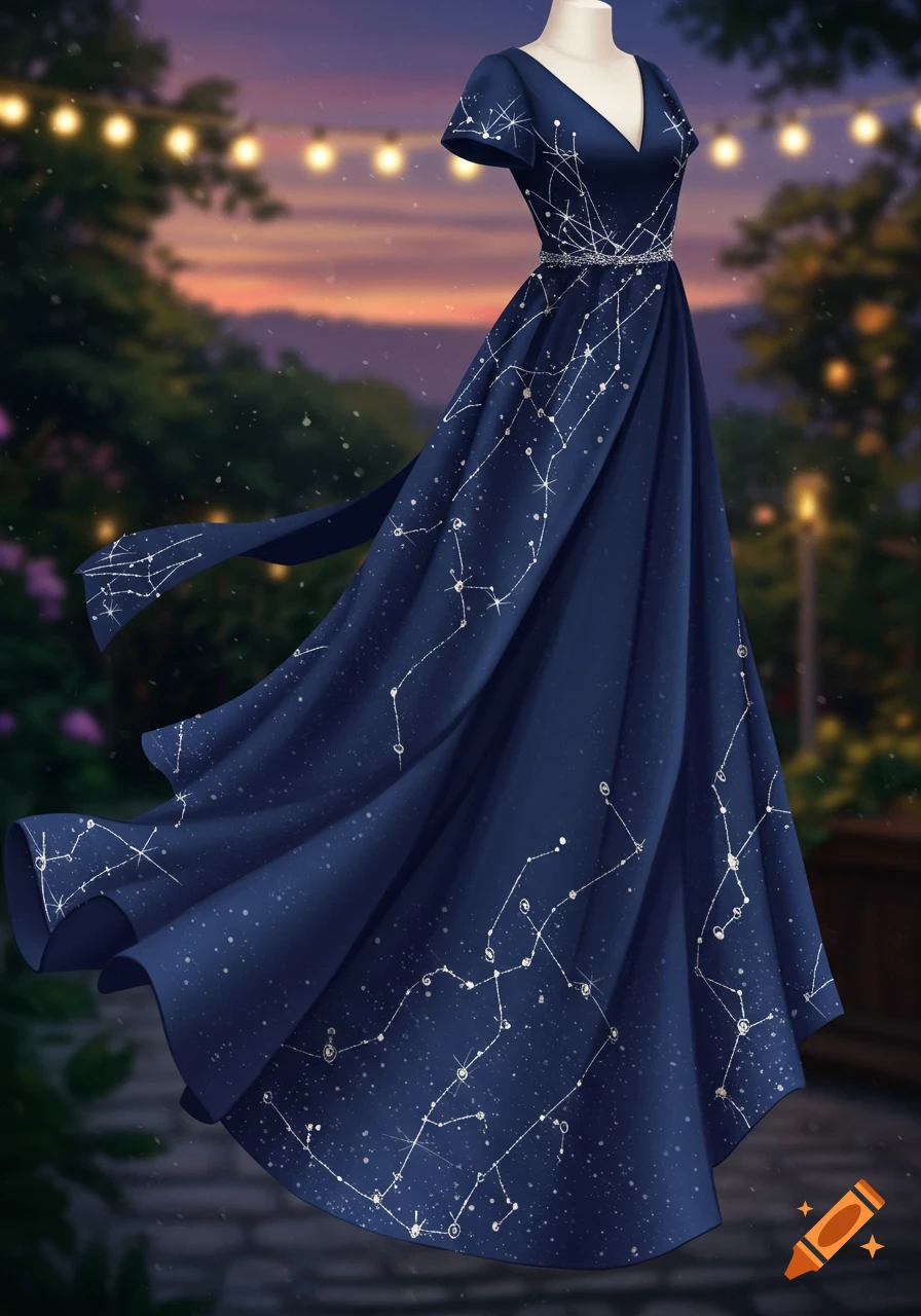 A flowing navy blue dress adorned with sparkling white constellations on a mannequin, set against a blurred evening garden with string lights.