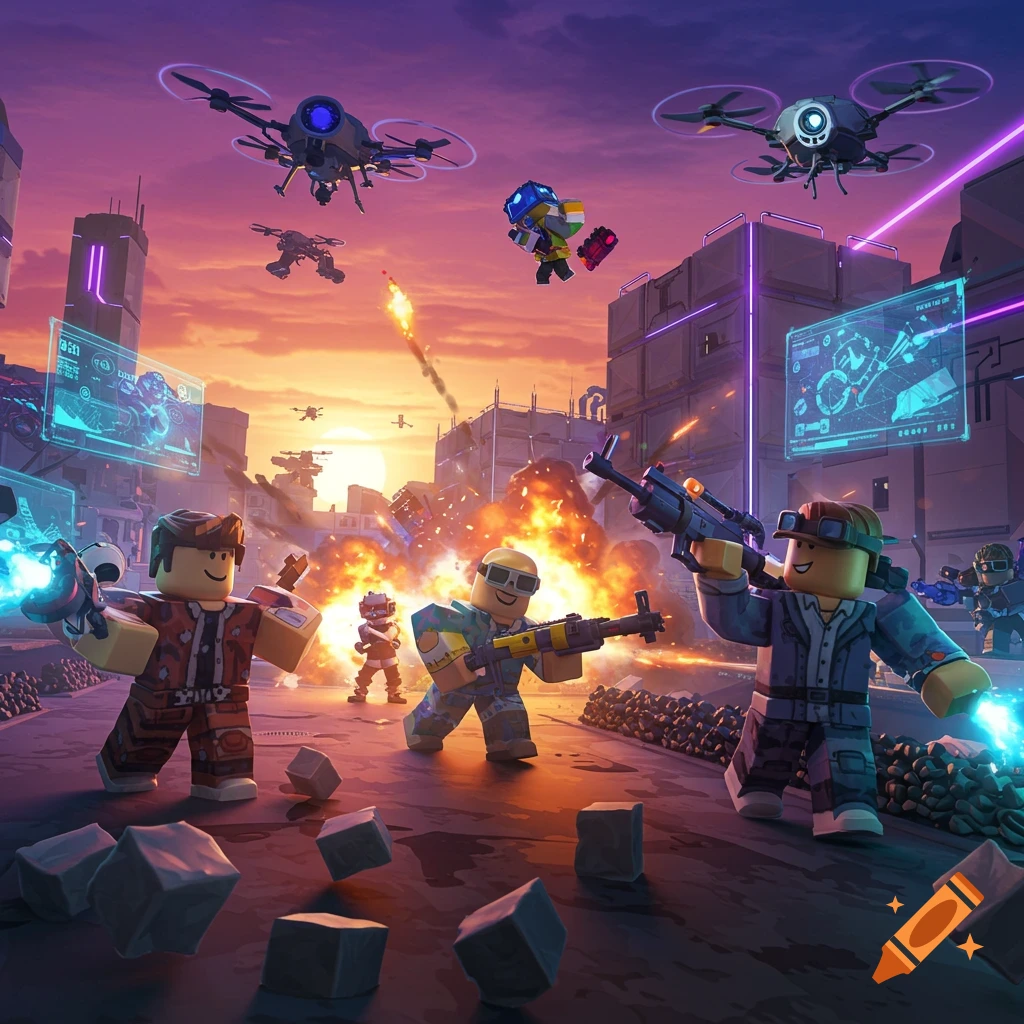 A battle scene with Roblox-style characters and drones in a futuristic city at sunset, with explosions.