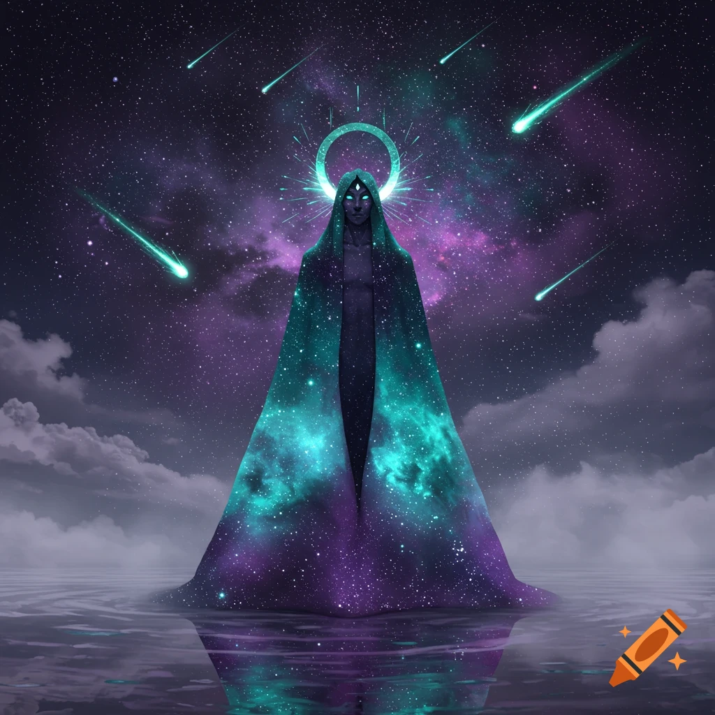 Mystical robed figure with glowing eyes and halo stands in water under a starry galaxy sky with shooting meteors.