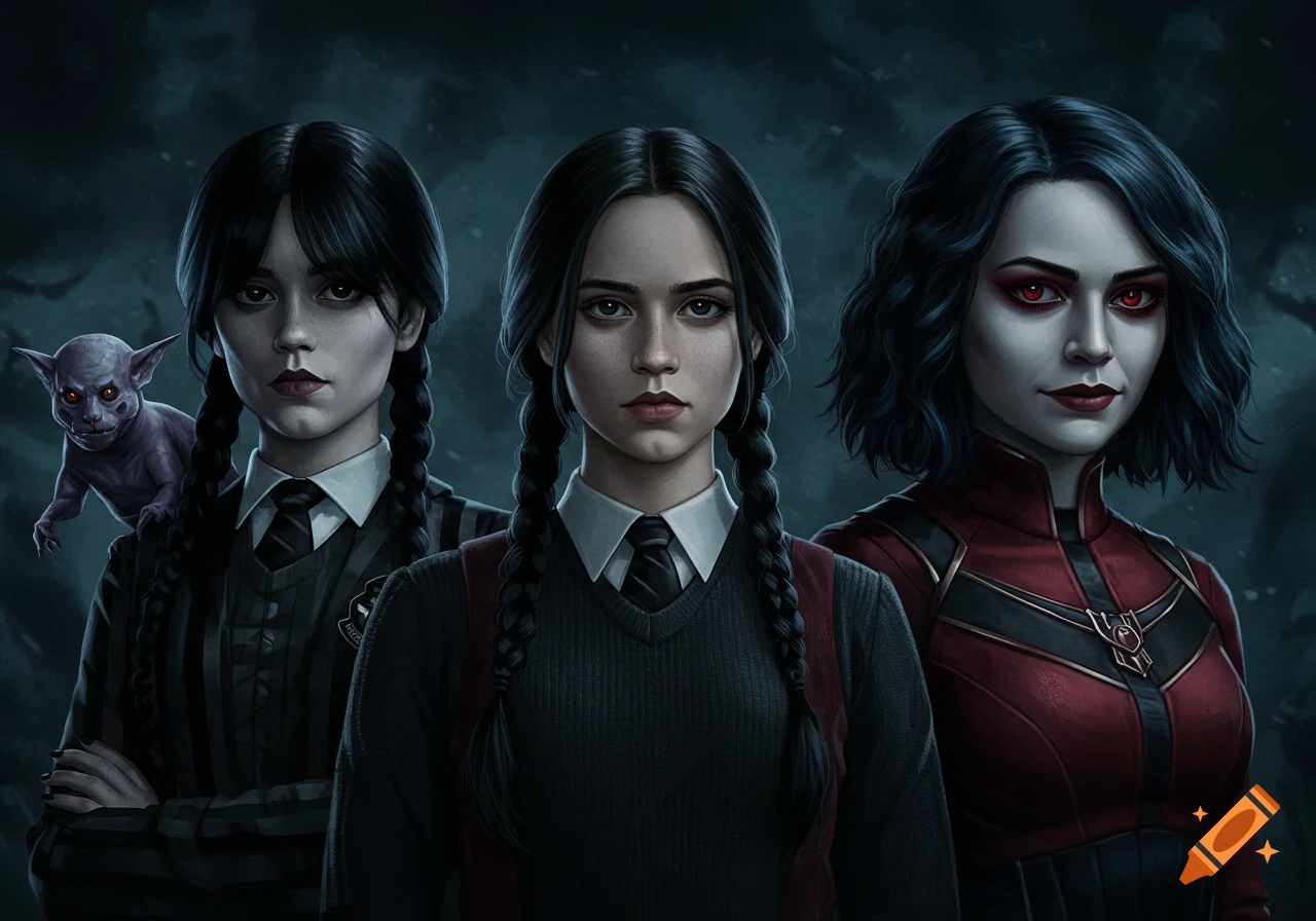 A digital painting shows three dark-haired young women in a gothic style. One resembles Wednesday Addams with a small purple creature on her shoulder, another wears a dark school uniform, and the third has red eyes and wears a red and black outfit.