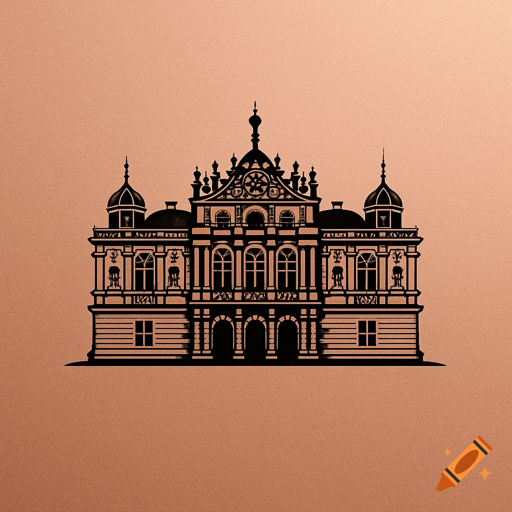A detailed silhouette of a Baroque castle, similar to Linderhof Palace, on a rose gold textured background.