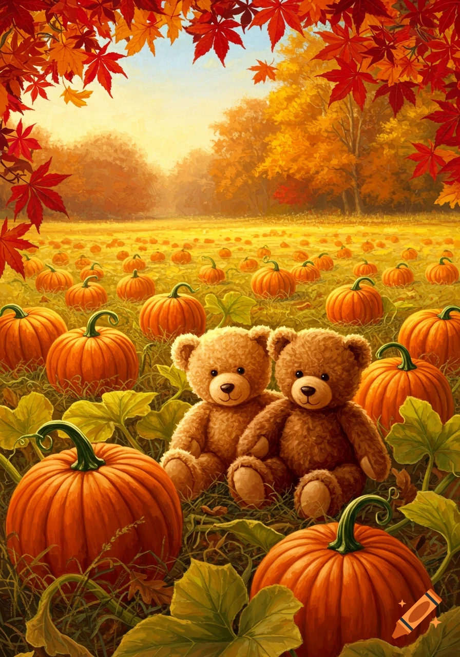 Two cute teddy bears sit among bright orange pumpkins in a vibrant autumn field, framed by red and orange maple leaves.