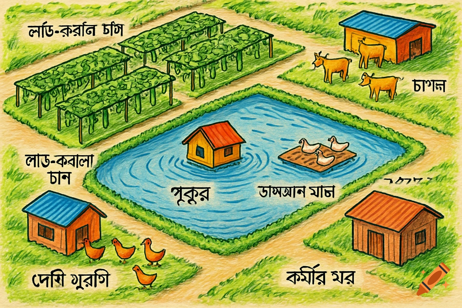 A colorful, hand-drawn top-view illustration of an integrated farm with a central pond, labeled elements like goats, chickens, vegetable beds, and huts.