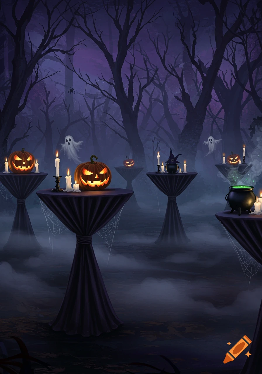 Spooky Halloween forest with misty ground, bare trees, glowing jack-o'-lanterns, candles, cauldrons on tables, and cartoon ghosts.
