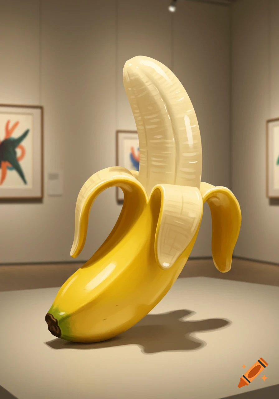 A large, partially peeled yellow banana ceramic sculpture on display in an art gallery.