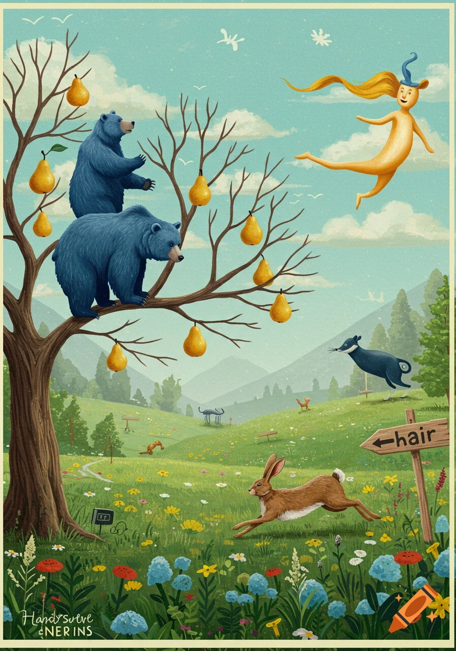 Whimsical illustration of blue bears in a pear tree, a running hare, a flying figure, and a sign saying "hair" in a meadow.