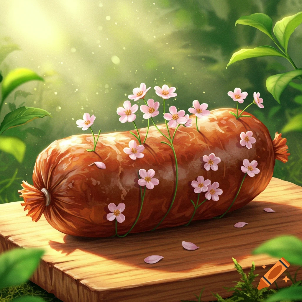A brown sausage lies on a wooden board with small pink flowers growing out of it, set in a sunny, green outdoor environment.