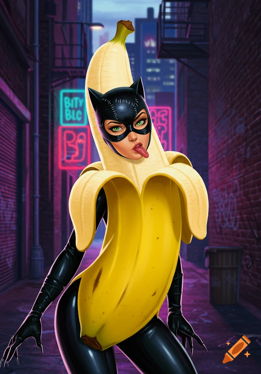 Catwoman in a peeled banana costume strikes a pose in a neon-lit alley, comic art style.