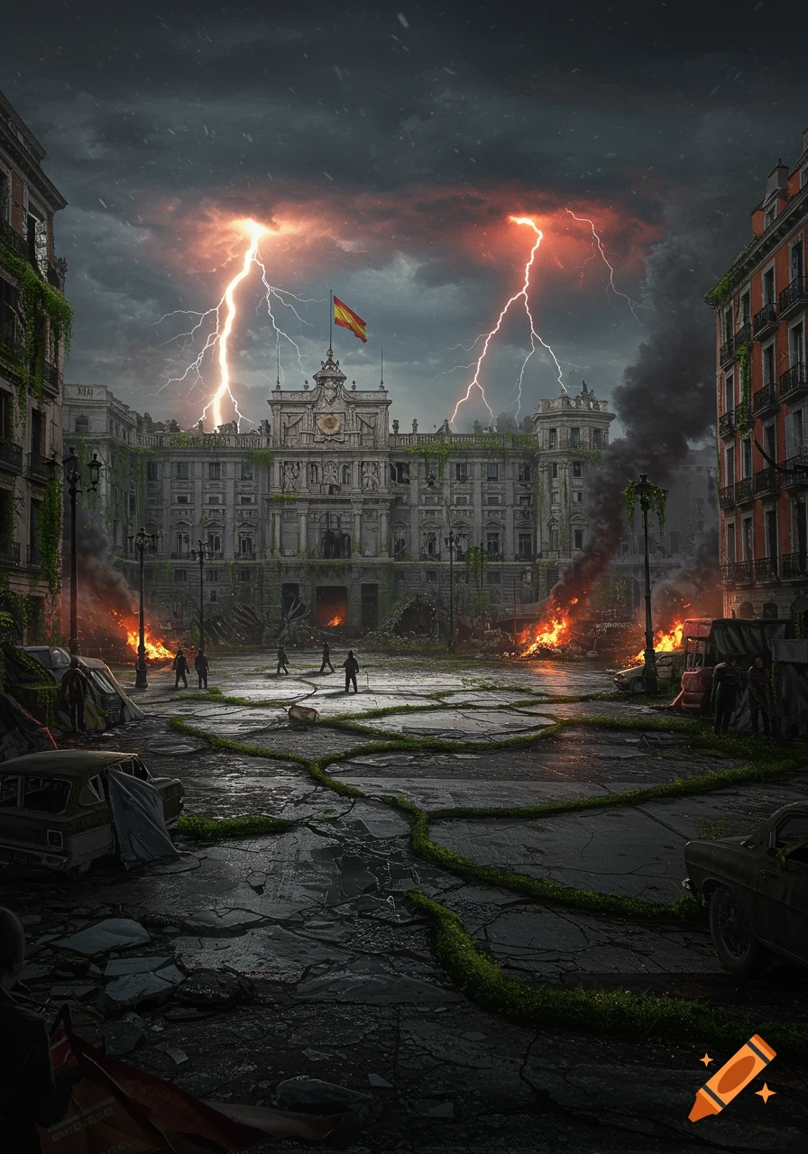 A dark, post-apocalyptic cityscape of Madrid under a stormy sky with dramatic lightning, ruined buildings, fires, and figures on cracked streets.