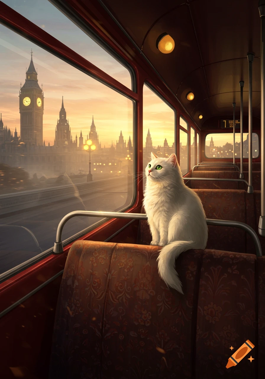 A fluffy white cat sits on a red London double-decker bus, gazing out the window at Big Ben and the city skyline at sunset, rendered in digital art style.