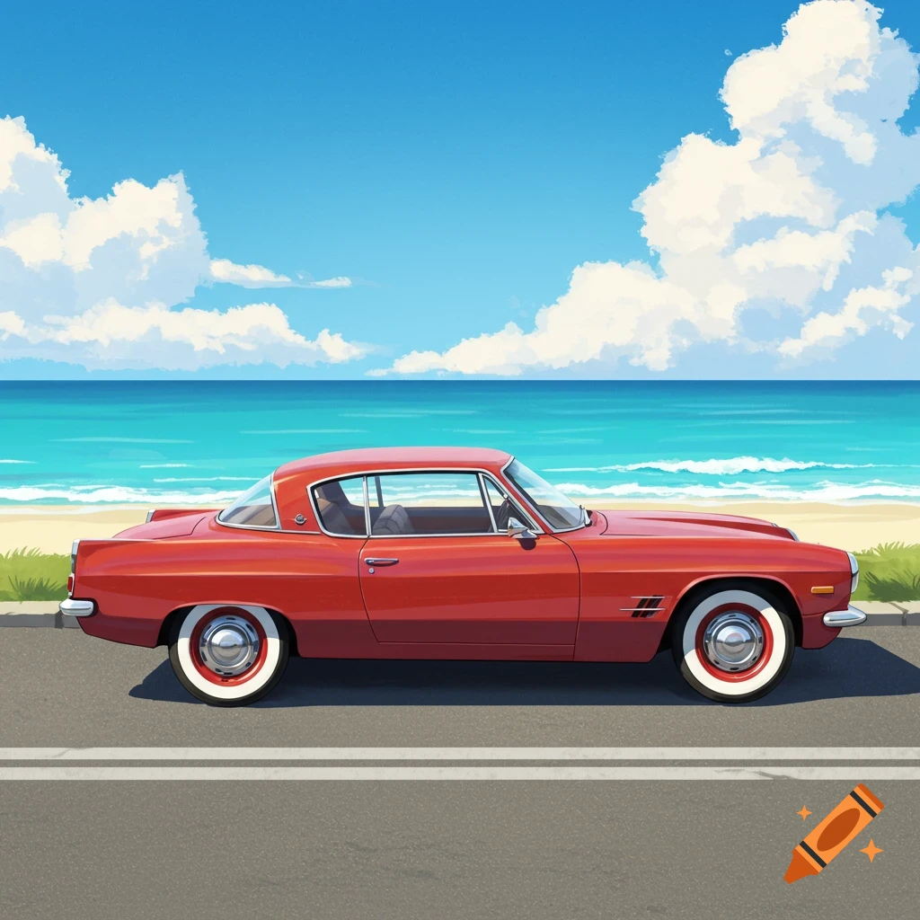 A side view of a red vintage car parked on a road next to a sandy beach and the ocean under a blue sky with clouds, in a clean illustration style.
