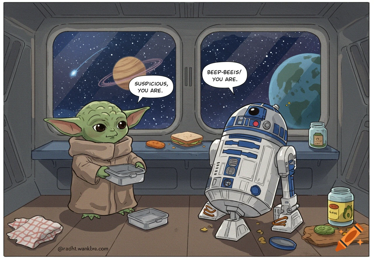 Cartoon of Grogu (Baby Yoda) looking suspiciously at R2-D2 in a spaceship lunchroom, with space visible outside windows.