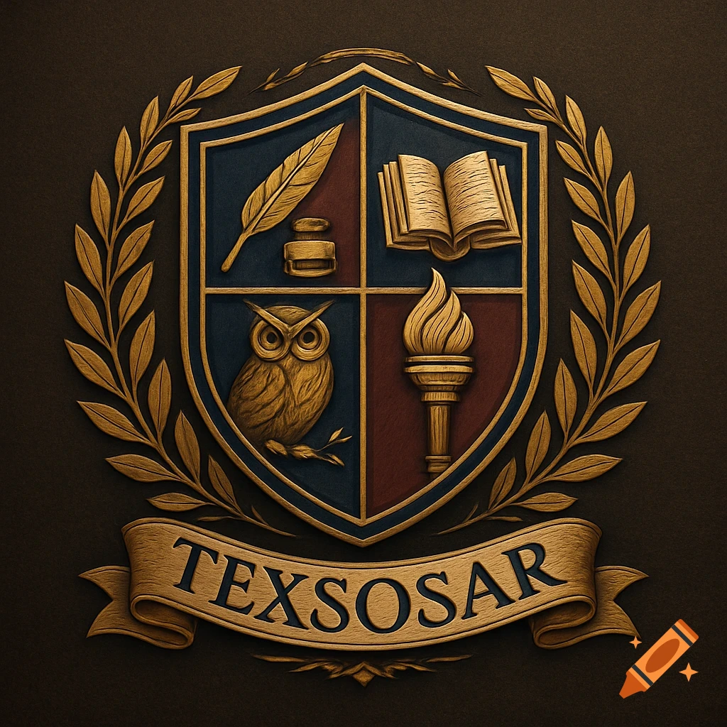 Stylized school crest with a quill, inkwell, open book, owl, and torch, framed by a laurel wreath. A banner below reads 'TEXSOSAR'.