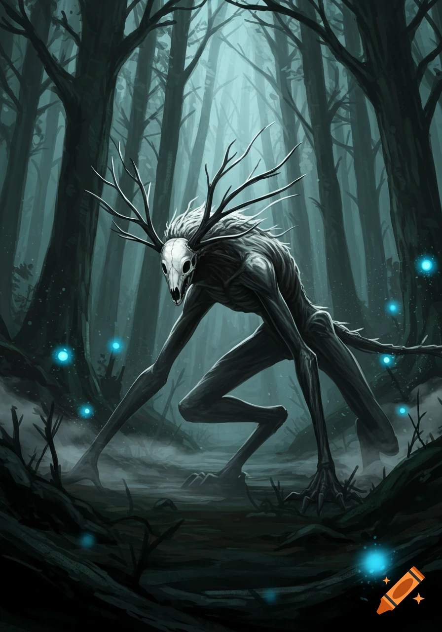 Skeletal, antlered creature with a skull face in a dark, misty forest with glowing blue orbs.