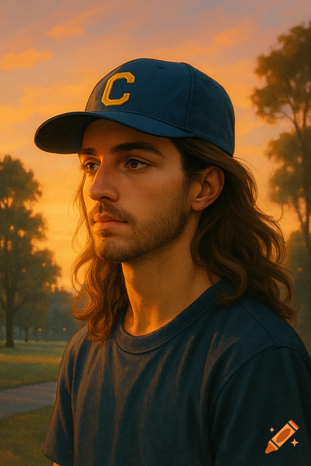 Photorealistic portrait of a young man with long wavy hair and beard wearing a blue baseball cap with a yellow 'C', looking left at sunset.