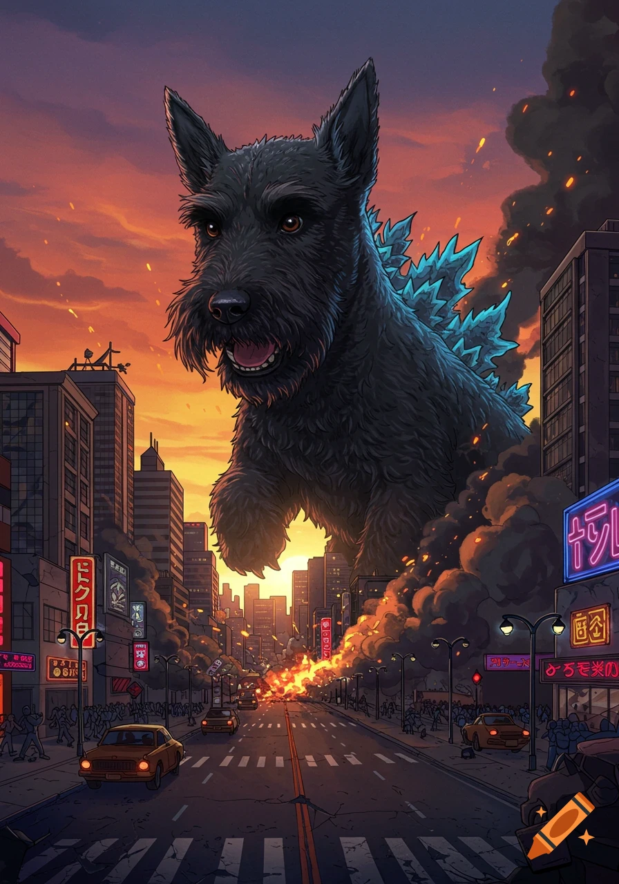 A giant black Scottish Terrier, styled like Godzilla with glowing blue spines, looms over a city at sunset, causing destruction and smoke.