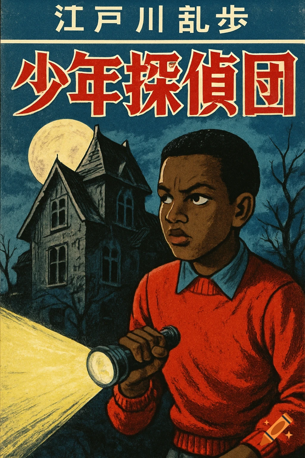 Vintage Japanese mystery novel cover illustration of a Black teenage boy holding a flashlight in front of a spooky mansion under a full moon.