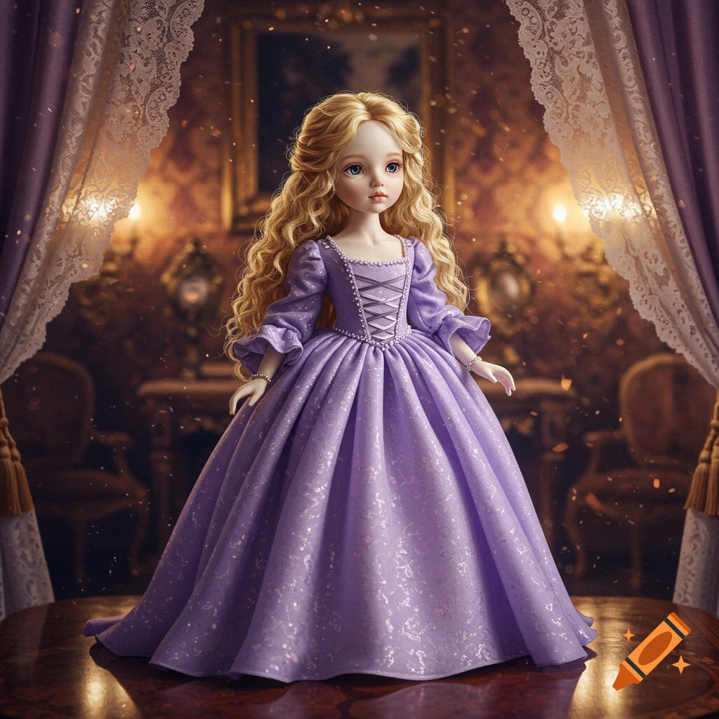 A photorealistic doll with long blonde curly hair, wearing a ruffled purple dress, standing in a dimly lit, regal room.