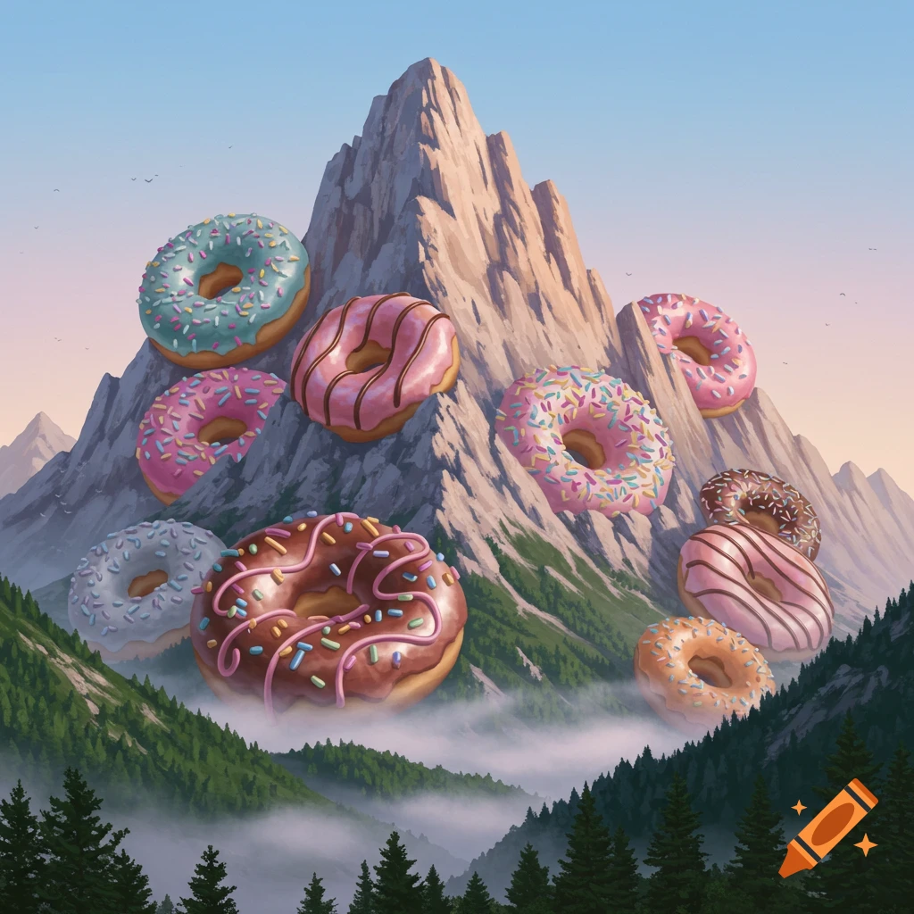Colorful donuts with frosting and sprinkles are scattered across a majestic, stylized mountain landscape with misty valleys.