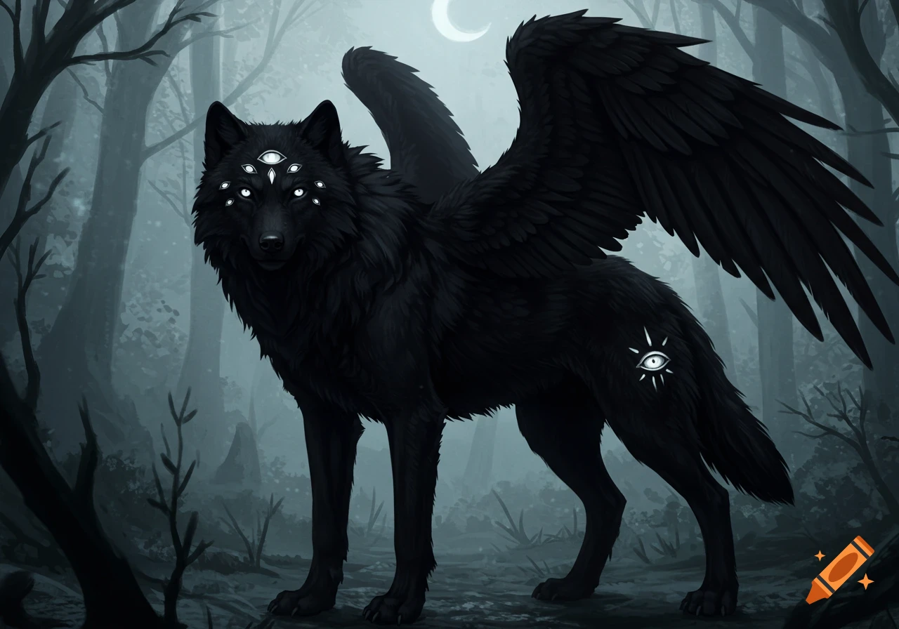 A dark, winged wolf with many glowing white eyes on its head and one on its flank stands in a misty, moonlit forest.