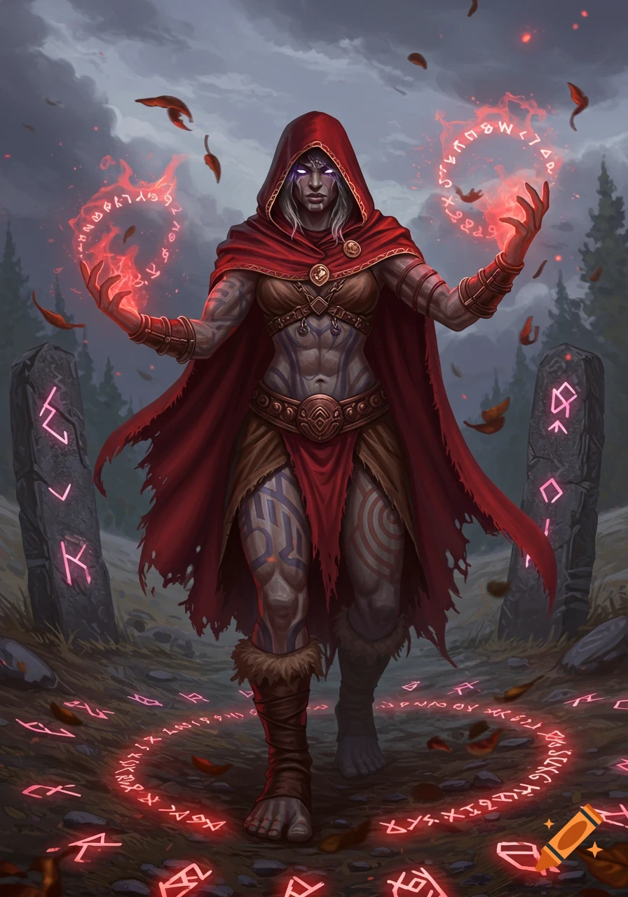 A female goliath warlock in a red hood stands in a forest, summoning glowing red magic runes with her hands and around her feet, flanked by rune-etched monoliths.