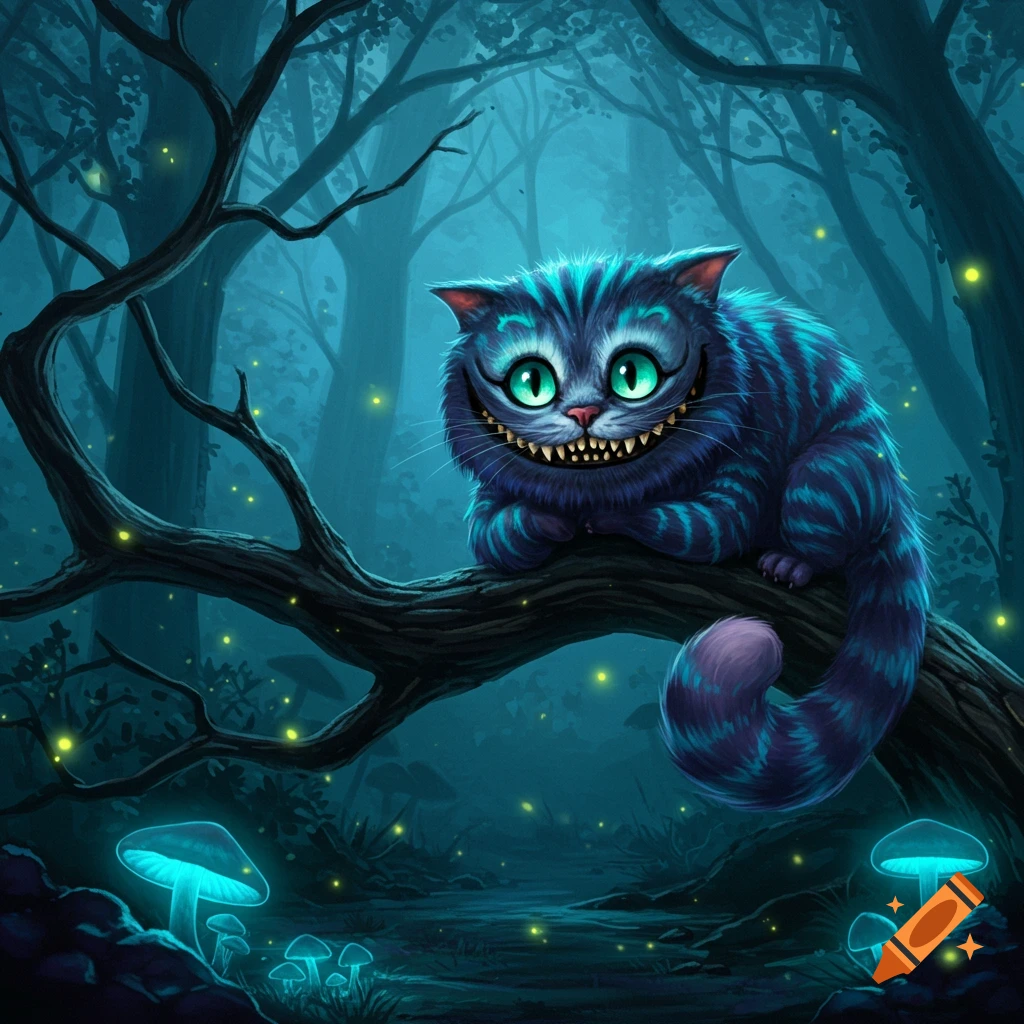 A blue and purple striped Cheshire Cat with glowing green eyes and sharp teeth sits on a tree branch in a dark, magical forest with glowing mushrooms and fireflies.