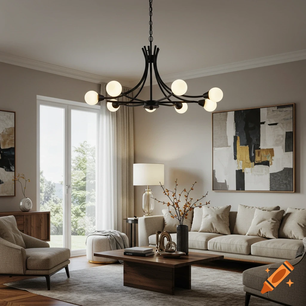 A modern living room featuring a large black chandelier, a beige sofa, and an armchair, with a tall window looking out to green trees.