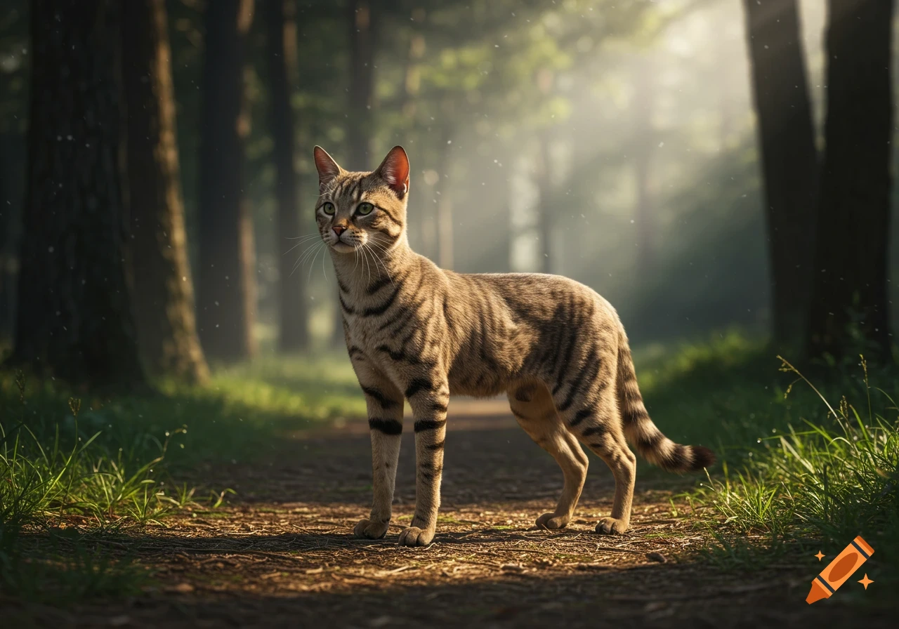 A realistic brown tabby cat with stripes stands on a sunlit forest path between trees.