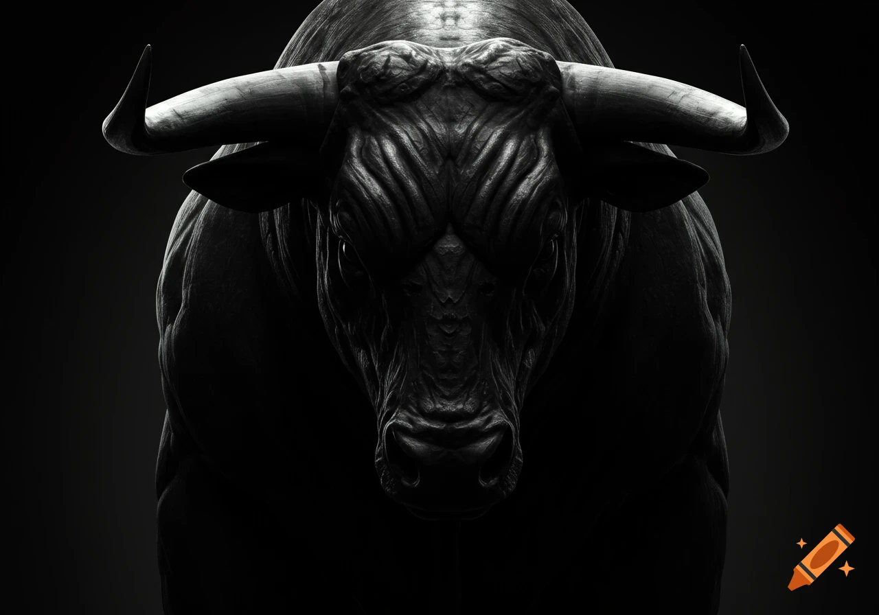 A dramatic, high-contrast, black and white close-up of a bull's head, emerging from deep shadow.