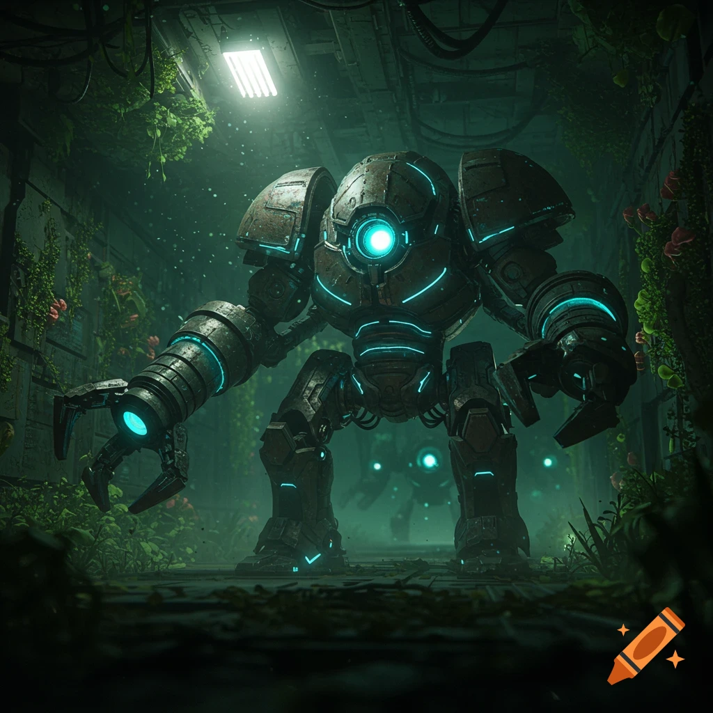 A large, rusty mechanical robot with glowing blue lights stands in a dark, overgrown futuristic hallway.
