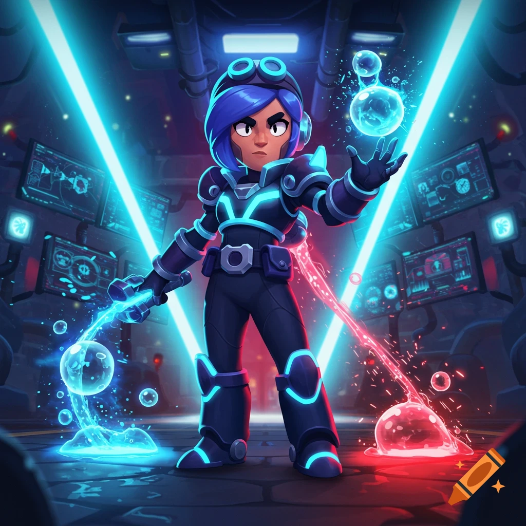 A stylized character with blue hair and goggles in a glowing futuristic suit, wielding blue energy and manipulating red energy in a sci-fi lab.