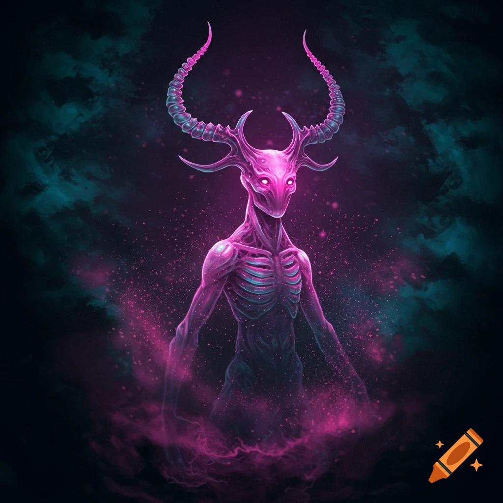 A tall, slender, horned monster with glowing eyes and visible ribs, rendered in vibrant pink and purple, surrounded by glowing particles against a dark background.