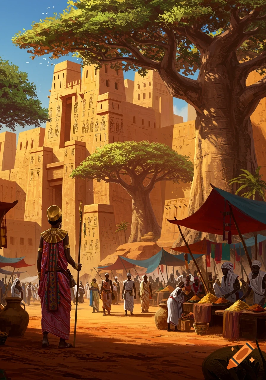 A person in ancient attire stands in a bustling market outside large sand-colored buildings with carved hieroglyphs and a giant tree.