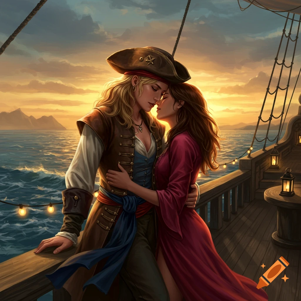 Two female pirates embrace on a ship's deck at sunset, about to kiss, with mountains and sea in the background, digital painting.