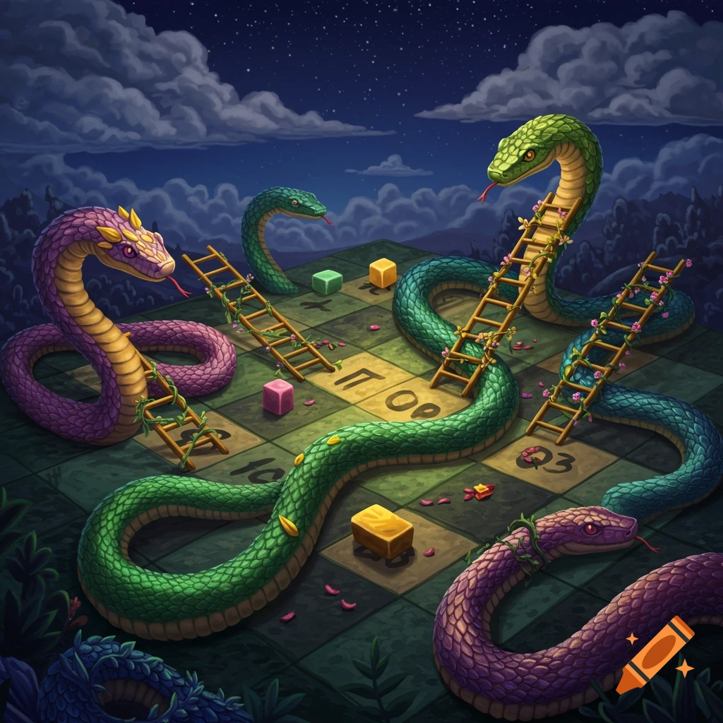 A vibrant fantasy board game at night, resembling Snakes and Ladders, with colorful snakes, wooden ladders adorned with flowers, and game cubes on a checkerboard path under a starry sky.