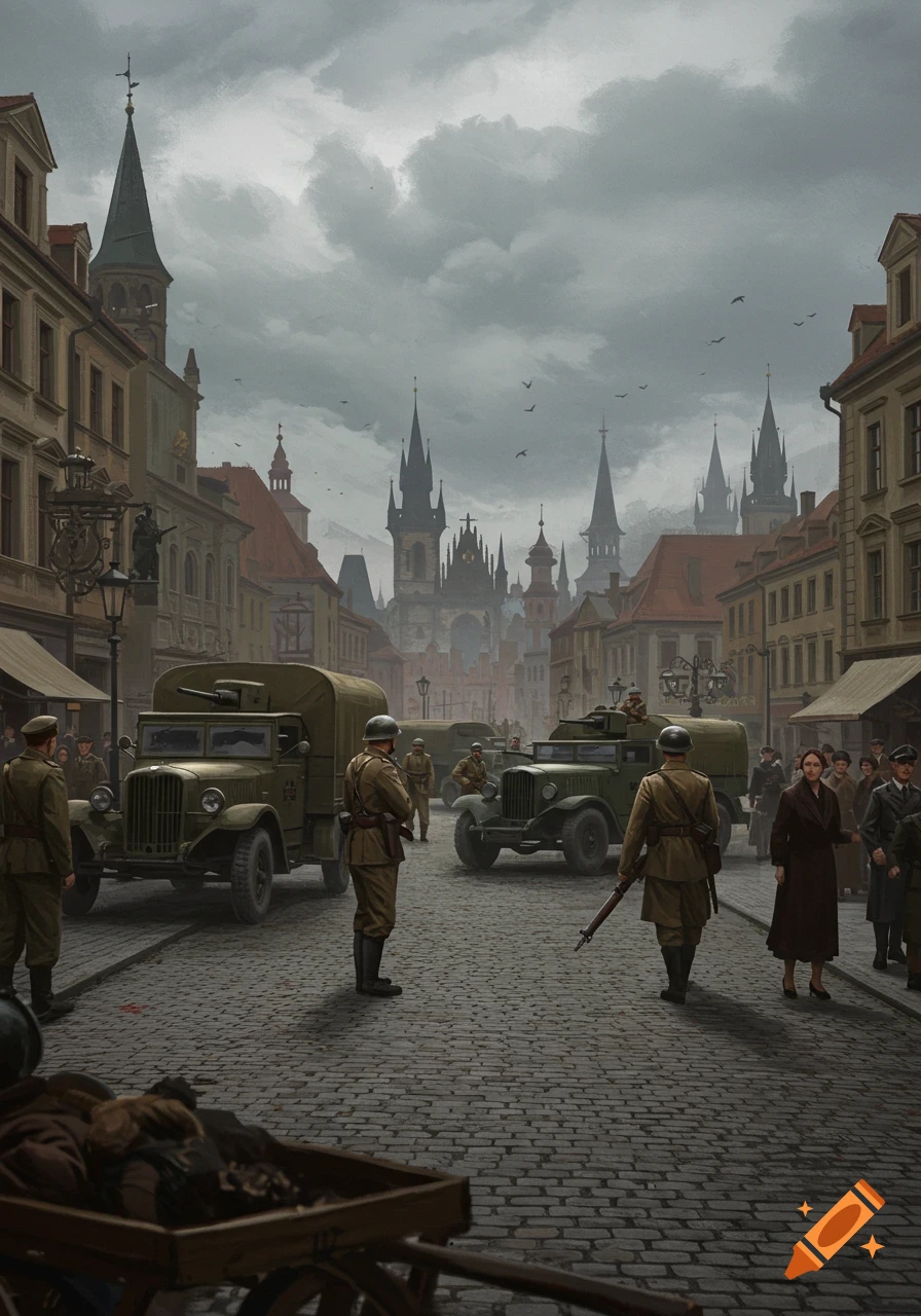Soldiers and military trucks on a cobblestone street in a historic European city under a cloudy sky, depicting a historical war scene.