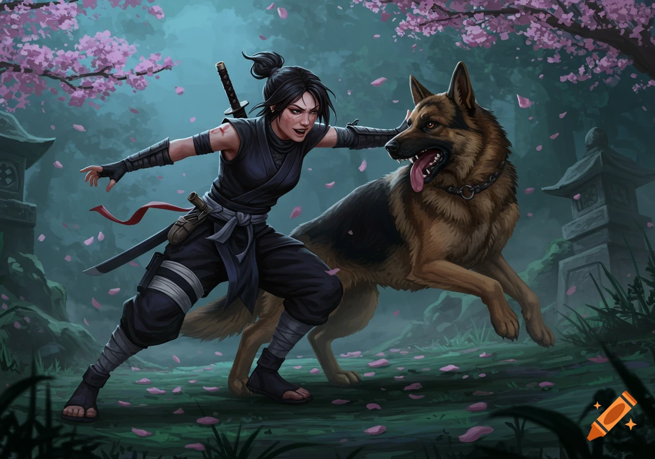 A female shinobi in black battles a German shepherd in a moonlit forest with cherry blossoms and a stone lantern, digital art.