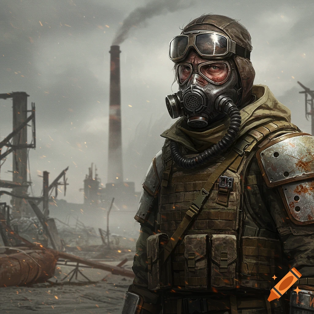 A man in a gas mask, goggles, and tactical gear stands in a dusty, post-apocalyptic wasteland with industrial ruins.